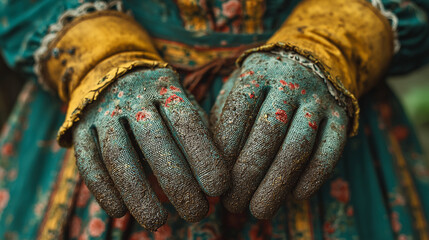 Close up of gloved hands covered in dirt holding something.