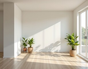 high quality, contemporary digital render of a minimal bright room with large window and plants, smooth gradients, soft shadows