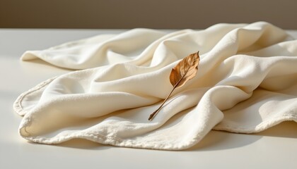 high quality, elegant minimalist composition with flowing soft fabric layered on a smooth surface, accented by a single dried leaf, neutral tones.