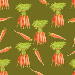 Carrots. Watercolor seamless pattern fresh orange carrots on a warm green background. Botanical hand drawn food illustration. Hand drawn for kitchen textile design, food packaging, wrapping paper