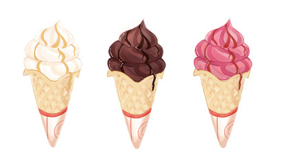 Watercolor Ice Cream Trio – Strawberry, Chocolate, Vanilla