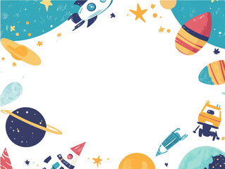 Cute Vector Frame for Kids with Astronaut and Outer Space Theme Featuring Planets, Stars, and Rockets