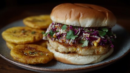 Gourmet tropical burger with patacones appetizer