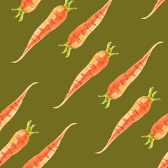 Carrots. Watercolor seamless pattern fresh orange carrots on a warm green background. Botanical hand drawn food illustration. Hand drawn for kitchen textile design, food packaging, wrapping paper