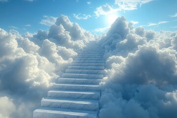 Stairway to the Sky with Surreal Clouds and Sunlight, Dreamlike and Ethereal Scene, Copy Space