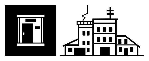 Obraz premium Vector Architectural illustrations depict a doorway and a stately building with a spire.