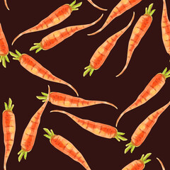 Carrots. Watercolor seamless pattern fresh orange carrots on a dark brown background. Botanical hand drawn food illustration. Hand drawn for kitchen textile design, food packaging, wrapping paper