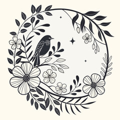 Elegant floral wreath with bird and stars monochrome design © Akshay