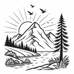Majestic mountain lake landscape illustration clean cutout