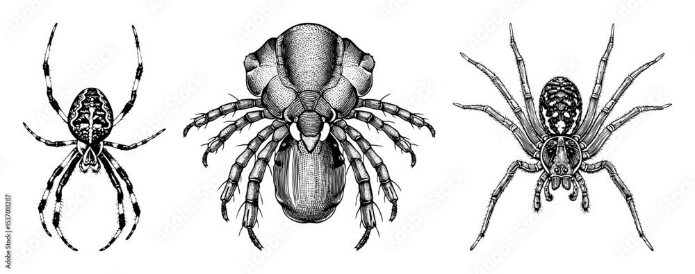 Poster vector detailed illustrations of three distinct arachnids showcase intricate anatomical features.