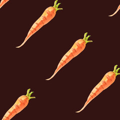 Carrots. Watercolor seamless pattern fresh orange carrots on a dark brown background. Botanical hand drawn food illustration. Hand drawn for kitchen textile design, food packaging, wrapping paper