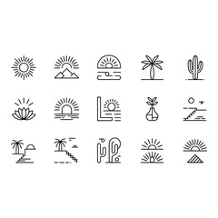 Minimalist line art icons of desert landscapes and tropical elements