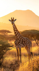 A tall giraffe stands peacefully in golden light near distant mountain backdrop