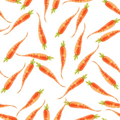 Carrots. Watercolor seamless pattern fresh orange carrots on a white background. Botanical hand drawn food illustration. Hand drawn for kitchen textile design, food packaging, wrapping paper