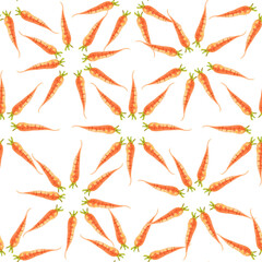 Carrots. Watercolor seamless pattern fresh orange carrots on a white background. Botanical hand drawn food illustration. Hand drawn for kitchen textile design, food packaging, wrapping paper