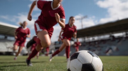 Close up of soccer ball in action on field with players in red uniforms running towards it, showcasing excitement and energy of game