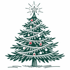 Festive hand drawn christmas tree decorated with ornaments and garland