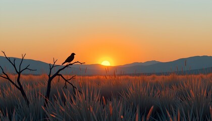 minimalistic barren grassland at sunset with soft hills and one silhouette of a bird on a dead branch — feeling of loneliness and quiet hope