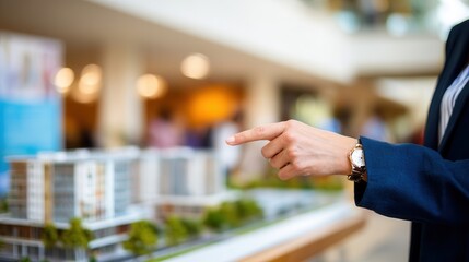 Person gestures towards architectural model of city, showcasing detailed representation of buildings and greenery. setting appears to be modern exhibition space, filled with soft lighting