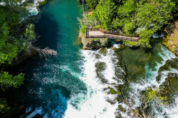 Amazing Martin Brod waterfalls on river Una in Bosnia and Herzegovina. Beautiful nature in Una national park with crystal clear water and amazing cascade waterfalls.
