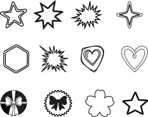  Black and White Outline Icon Set: Stars, Bursts, Hearts, Gift, and Shapes