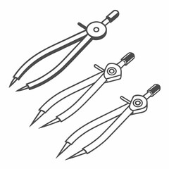 Three different types of compasses drawing tools isolated on white background