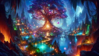 Fototapeta premium Magical Tree of Life in a Fantasy Realm - A glowing, ancient tree at the center of a surreal fantasy world with floating crystals, neon flora, and a celestial sky.
