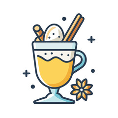 Delicious eggnog drink in glass with spices, isolated on white background