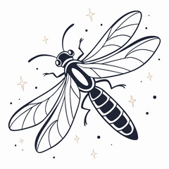 Elegant line art dragonfly illustration with stars