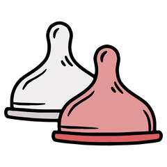 Hand drawn vector illustration of baby bottle nipples, pink and grey color