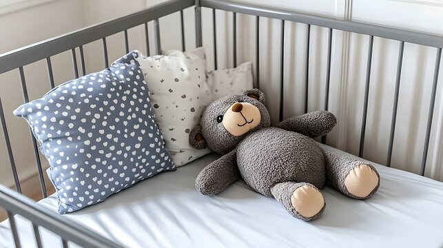 Adorable Teddy Bear in Baby Crib with Soft Pillows