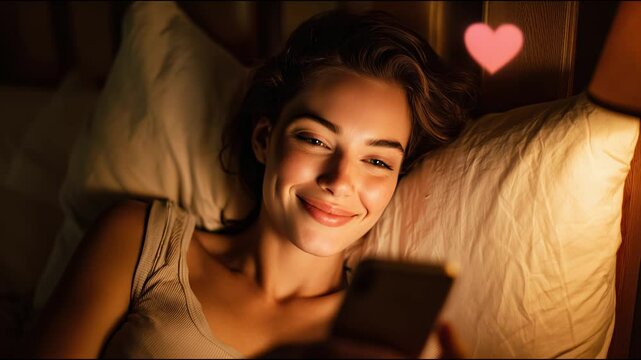Smiling woman lying in bed at night, looking at smartphone with glowing pink heart icons, feeling happy and loved.