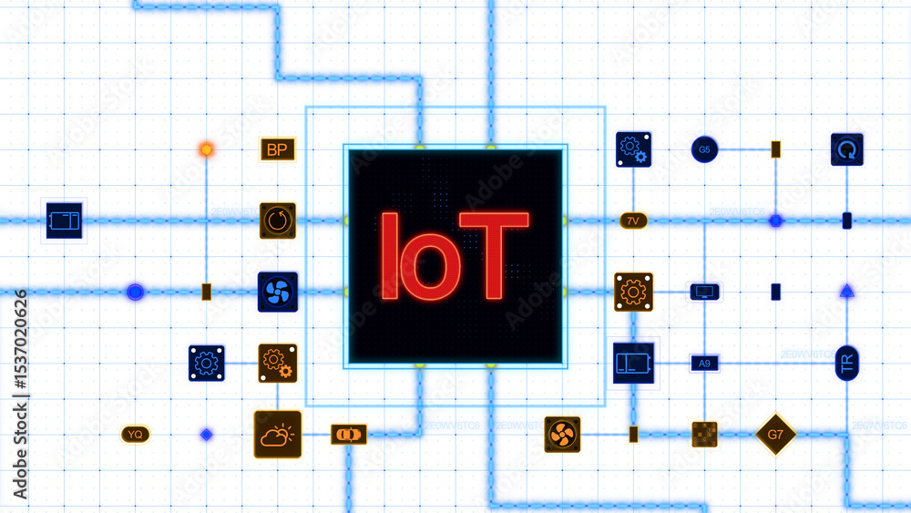 Poster red iot at the center of a square with circuit, connections and blue grid on a transparent backgroun