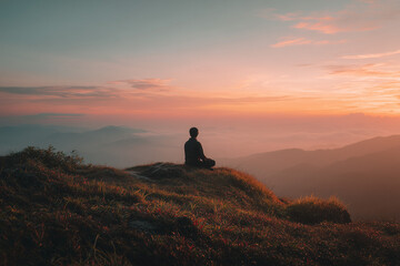 Fototapeta premium A person meditating alone in nature on a quiet hilltop during sunrise. Peaceful, mental clarity, wellness.