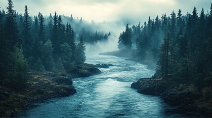 River rapids cutting through forest with mist rising from churning whitewater.