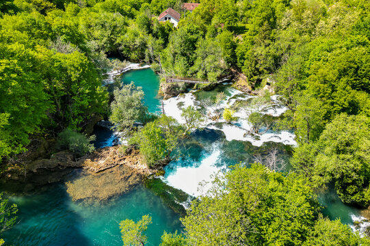 Amazing Martin Brod waterfalls on river Una in Bosnia and Herzegovina. Beautiful nature in Una national park with crystal clear water and amazing cascade waterfalls.