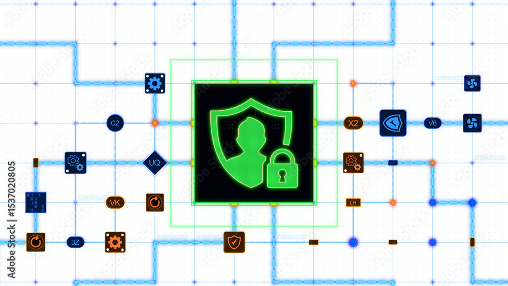 Poster green privacy data icon at the center of a square with circuit, connections and blue grid on a trans