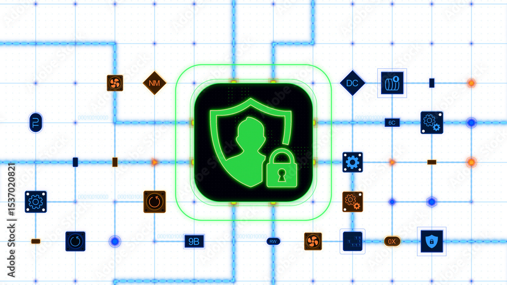 Poster green privacy data icon at the center of a rounded rectangle with circuit, connections and blue grid