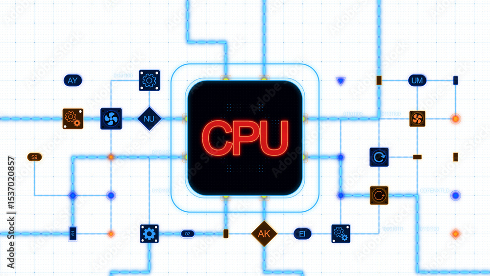 Poster red cpu at the center of a rounded rectangle with circuit, connections and blue grid on a transparen