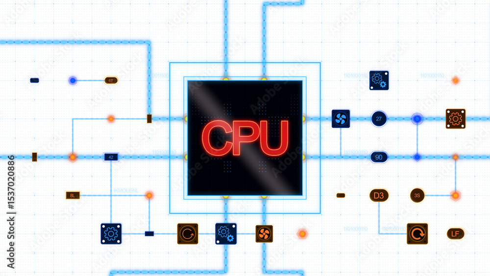 Poster red cpu at the center of a square with circuit, connections and blue grid on a transparent backgroun