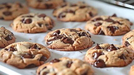 Gooey chocolate chip cookies fresh from oven melting chunks white parchment paper rustic bakery style