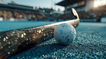 Close-up of a vintage field hockey stick and textured ball on lush green grass