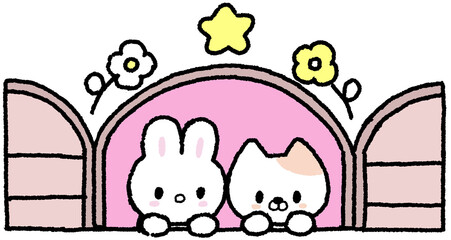 창가에 함께 있는 토끼와 고양이 캐릭터 스티커 © titi.drawing
