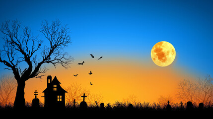 Naklejka premium Haunted house and graveyard with flying bats, bare trees and full moon at sunset.