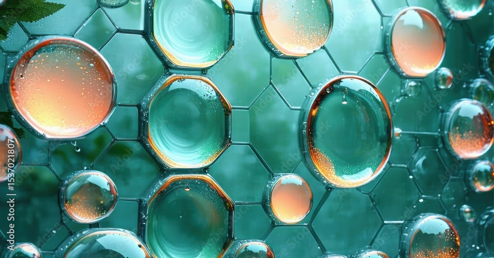 Poster abstract hexagonal pattern. bubbles, liquid spheres reflect light. teal, orange hues create vibrant 