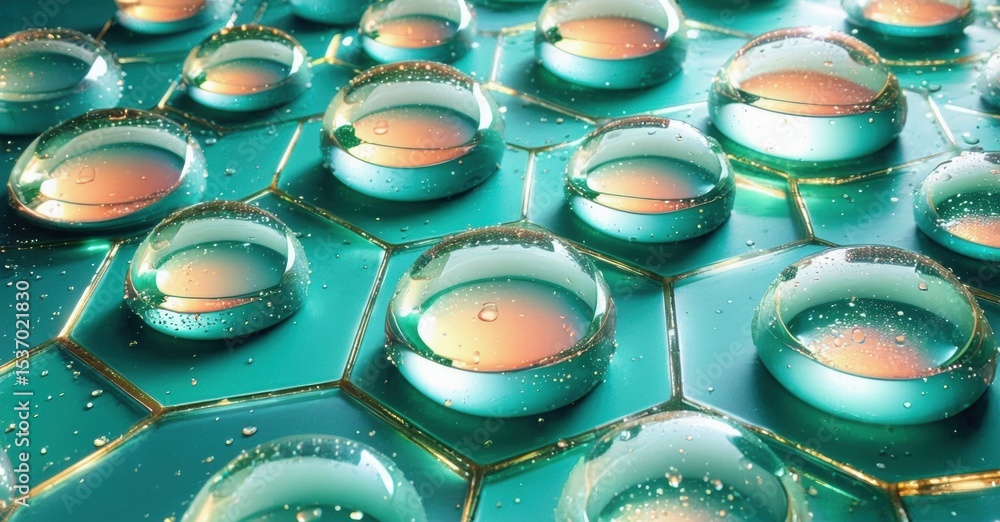 Poster hexagonal grid with liquid droplets. teal, orange hues create futuristic, glossy texture. bubbles re