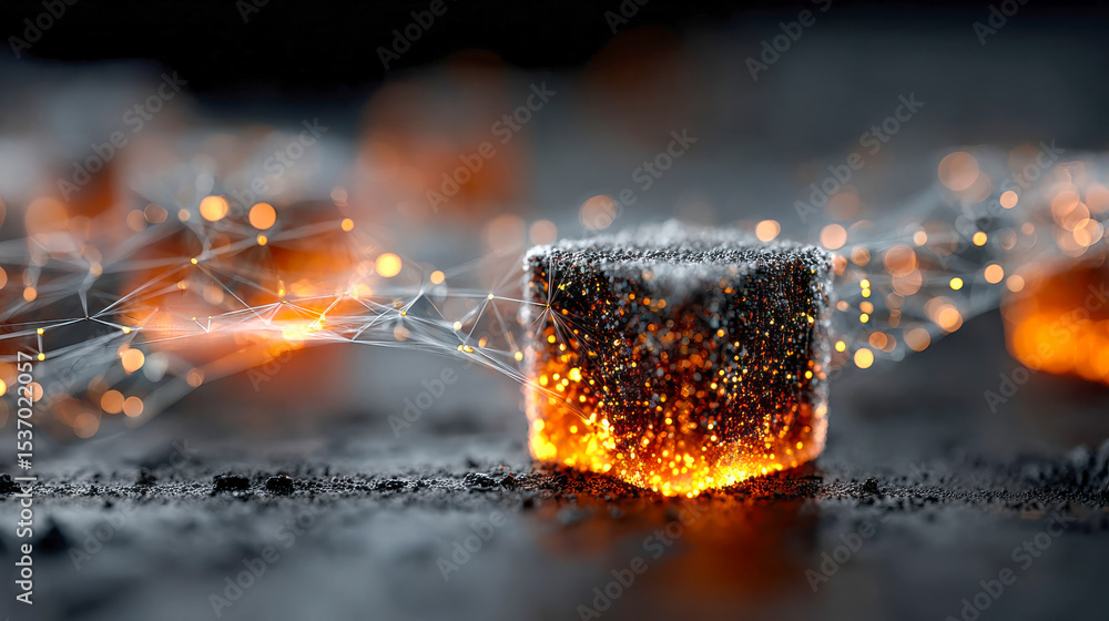 Poster luminous ice cube with electric energy patterns on a dark surface