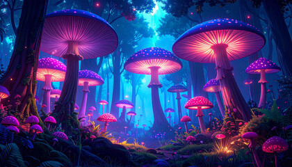 Garden full of giant, glowing mushrooms. AI