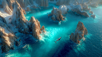 A pair of humpback whales swim gracefully through a sunlit ocean with coral formations glowing beneath the clear blue water