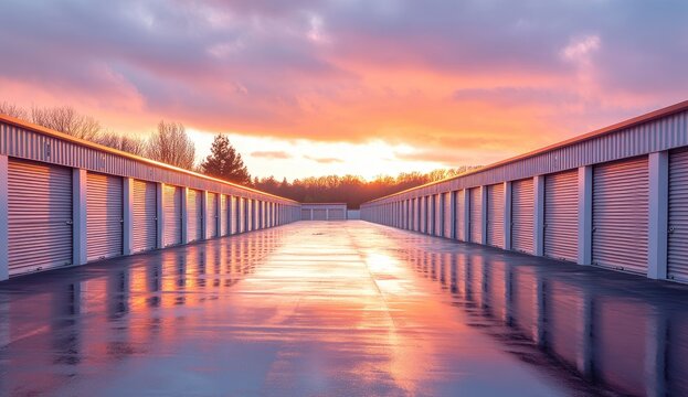 Rows of storage units at sunset